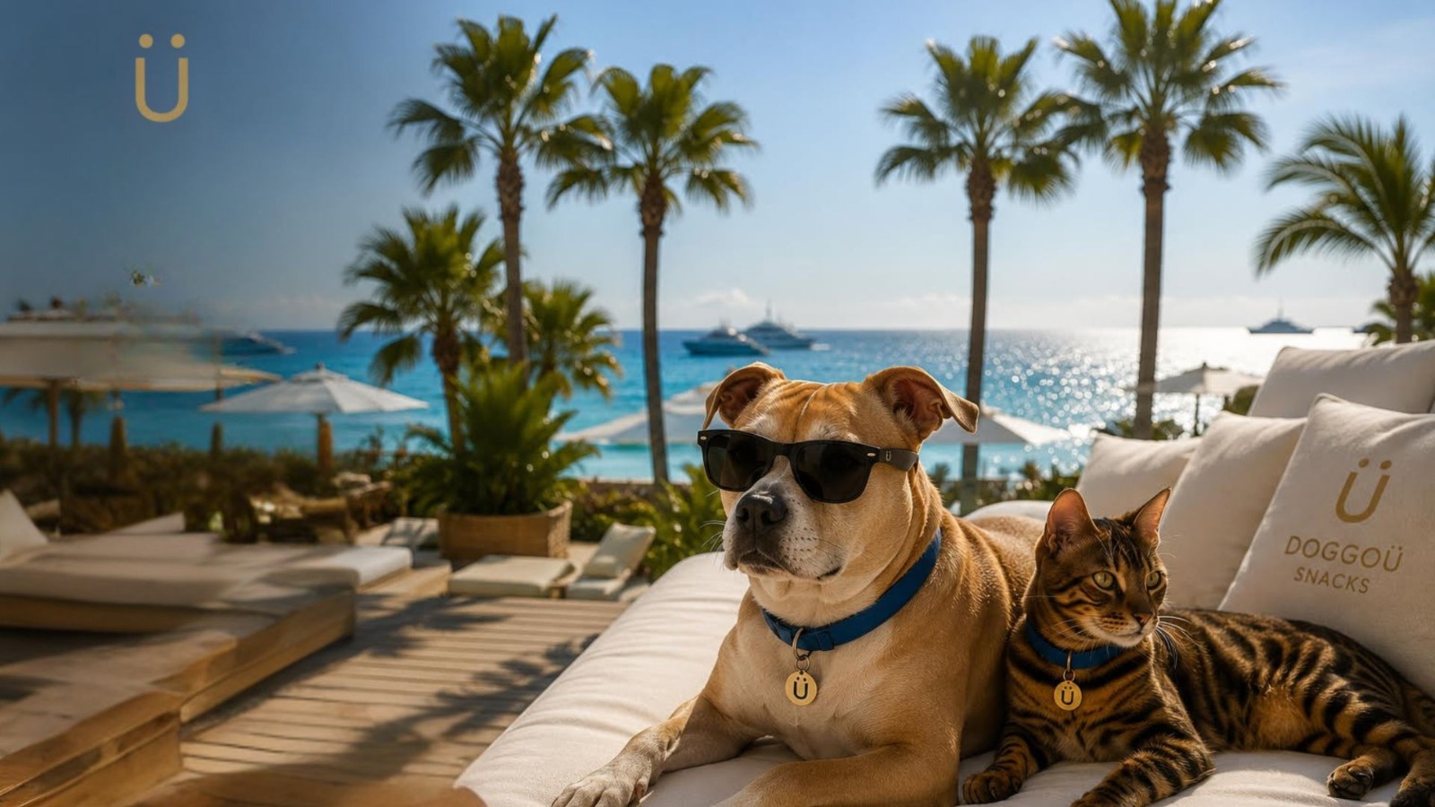 Biggie con gafas de sol junto a un gato en una terraza frente al mar