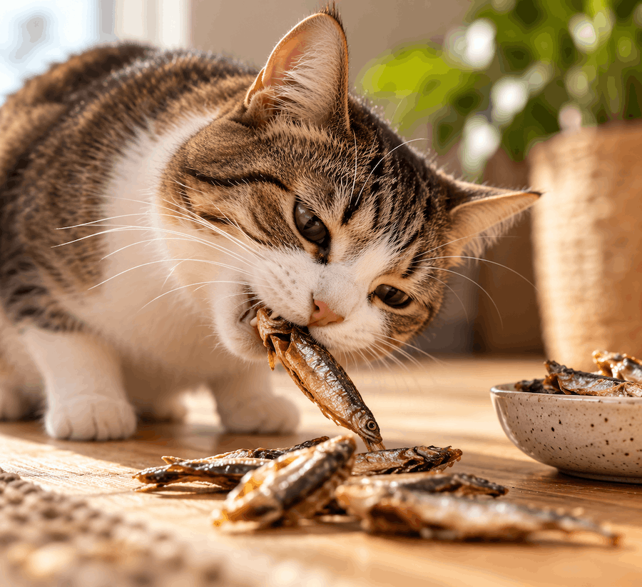 Gato comiendo un snack natural Doggou